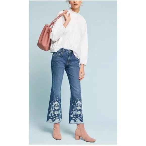 NWOT Anthropologie Pilcro Flare High Rise Jeans Floral Embroidery 29