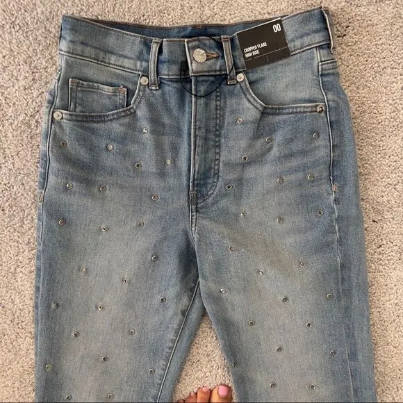 NWT Express Jeans Light Denim High Waisted Embellished Cropped Flare Jeans