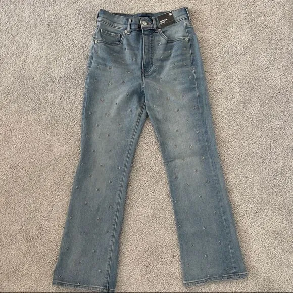 NWT Express Jeans Light Denim High Waisted Embellished Cropped Flare Jeans
