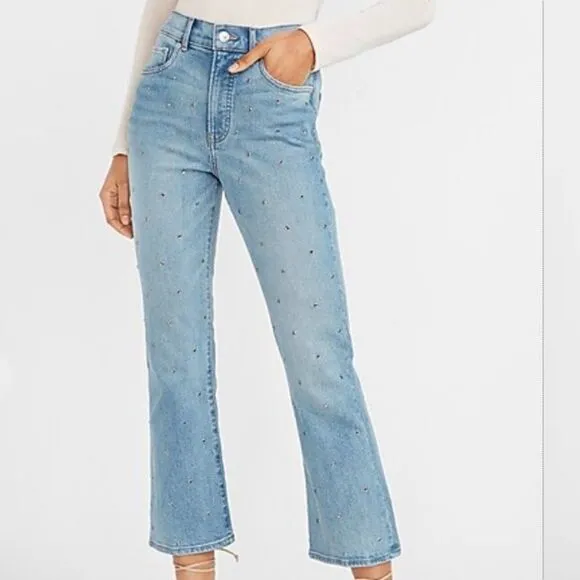 NWT Express Jeans Light Denim High Waisted Embellished Cropped Flare Jeans