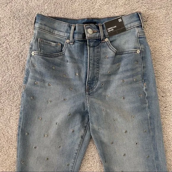 NWT Express Jeans Light Denim High Waisted Embellished Cropped Flare Jeans