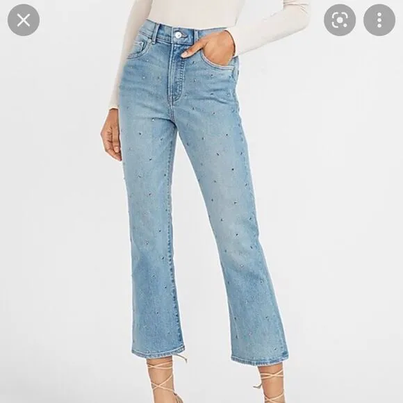 NWT Express Jeans Light Denim High Waisted Embellished Cropped Flare Jeans
