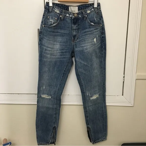 One Teaspoon Blue High Waist Freebird Distressed Zip Ankle Skinny Jeans