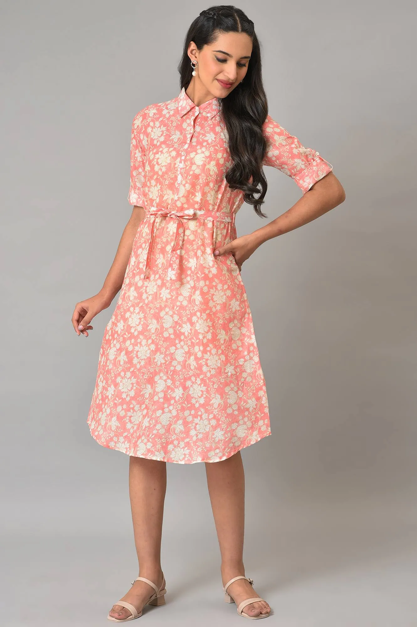 Orange Rounded Hemline Floral Printed Dress