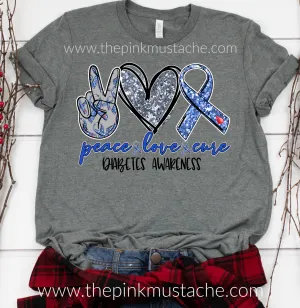 Peace Love Cure - Diabetes Awareness Tee / Unisex Sized Diabetes Awareness T-Shirt/ Youth and Adult Sizing