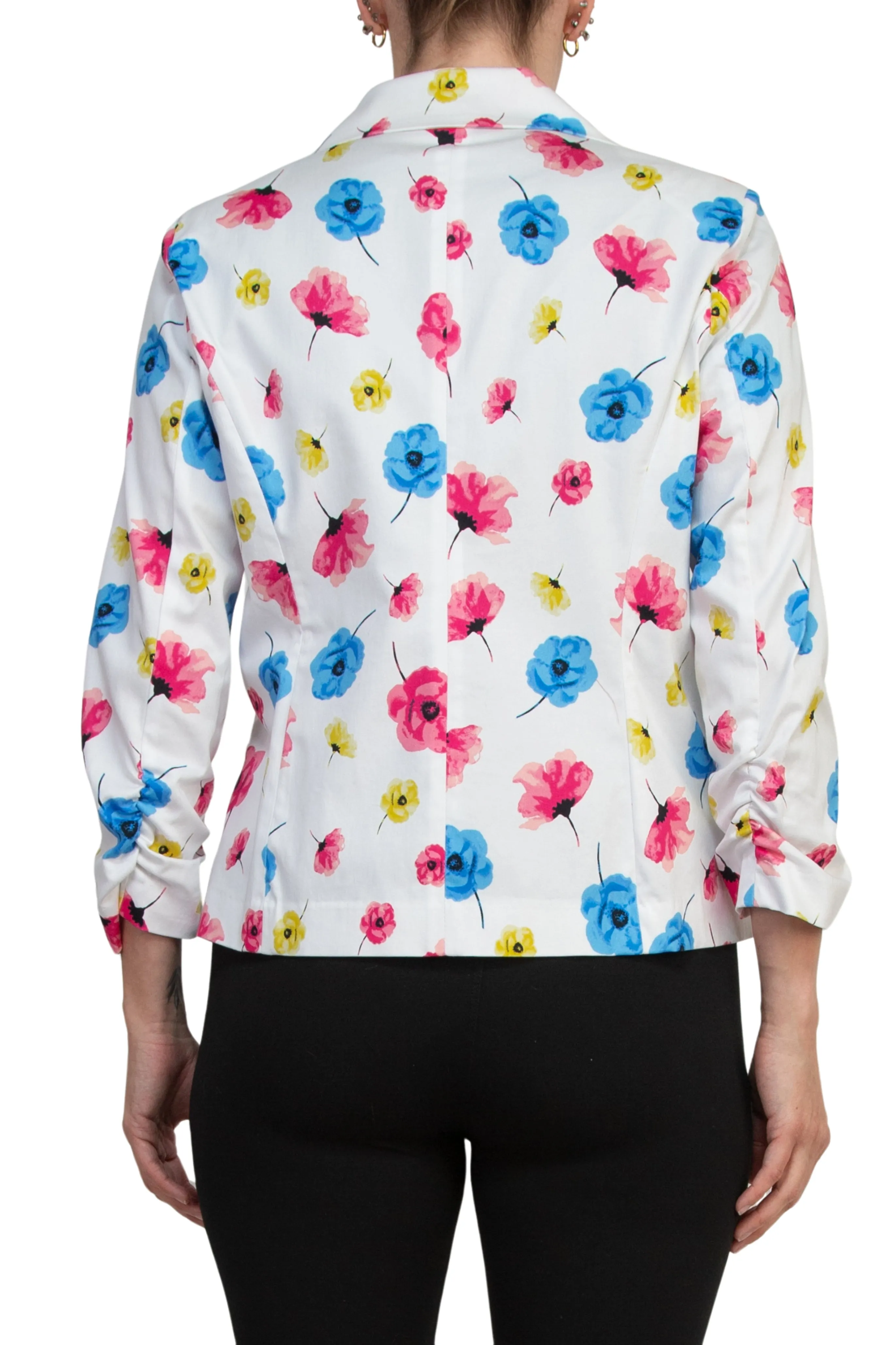 Peace of Cloth Notched Lapel Collar Bright White Floral Print Cropped Fit Blazer