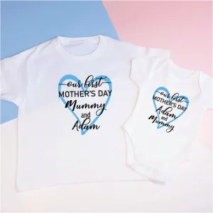 Personalised Our 1st First Mother's Day Mummy and Baby Heart Tops Set