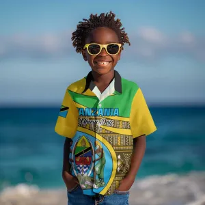 Personalized Tanzania Independence Day Kid Hawaiian Shirt with Tanzanian Coat of Arms and African Pattern LT01
