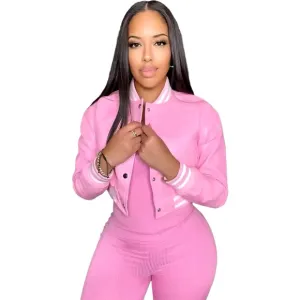 Pink Faux Leather Striped Side Varsity Jacket