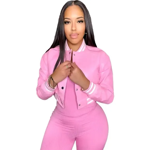 Pink Faux Leather Striped Side Varsity Jacket