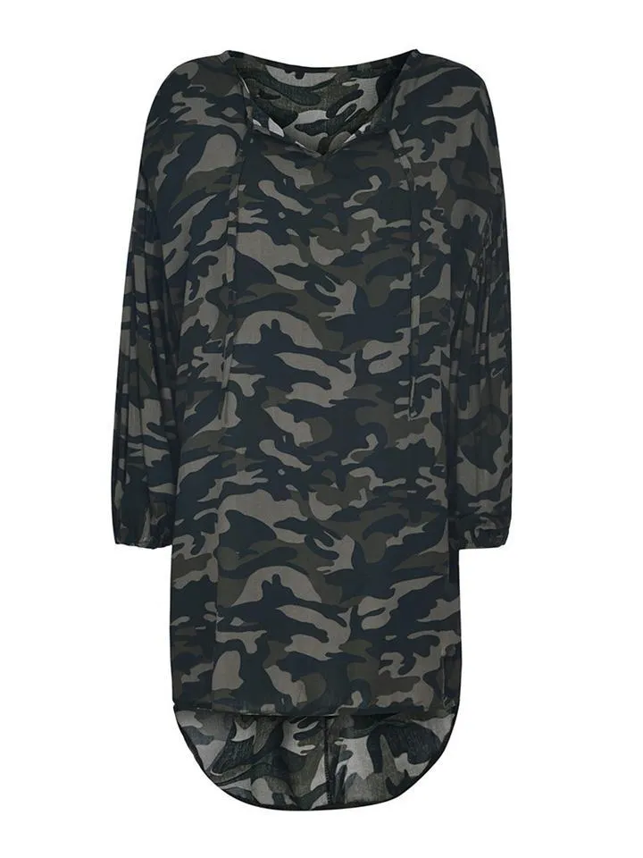 Plus Size Front Tie Details Camouflage Shirt
