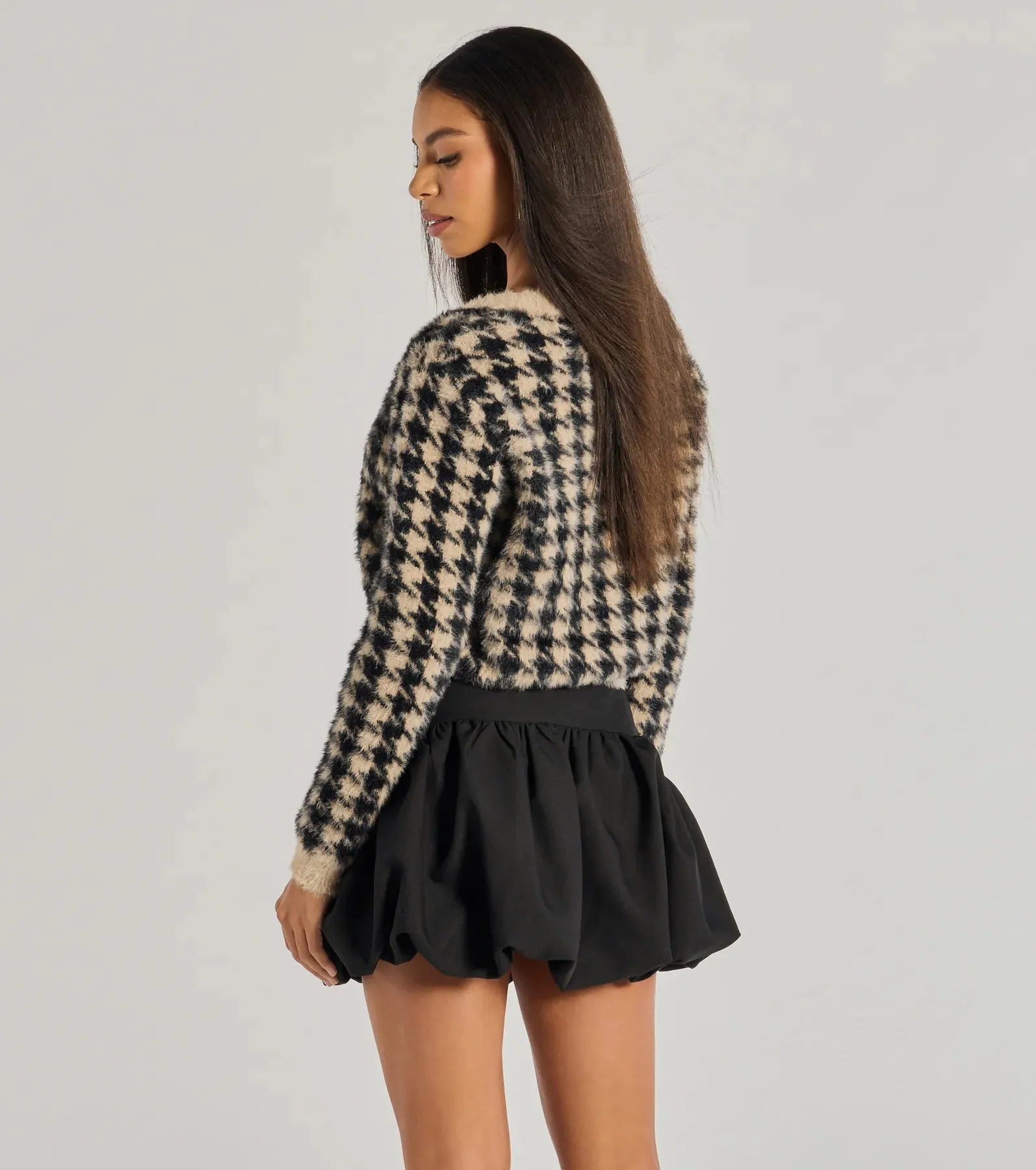 Polished Cozy Houndstooth Eyelash Knit Cardigan