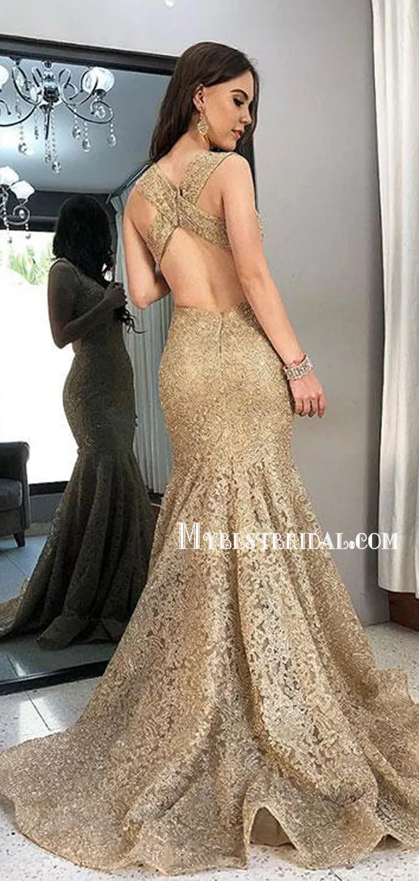 Popular Lace Mermaid V-neck Long Prom Dresses, BG0395