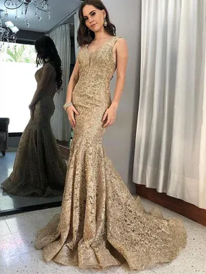 Popular Lace Mermaid V-neck Long Prom Dresses, BG0395