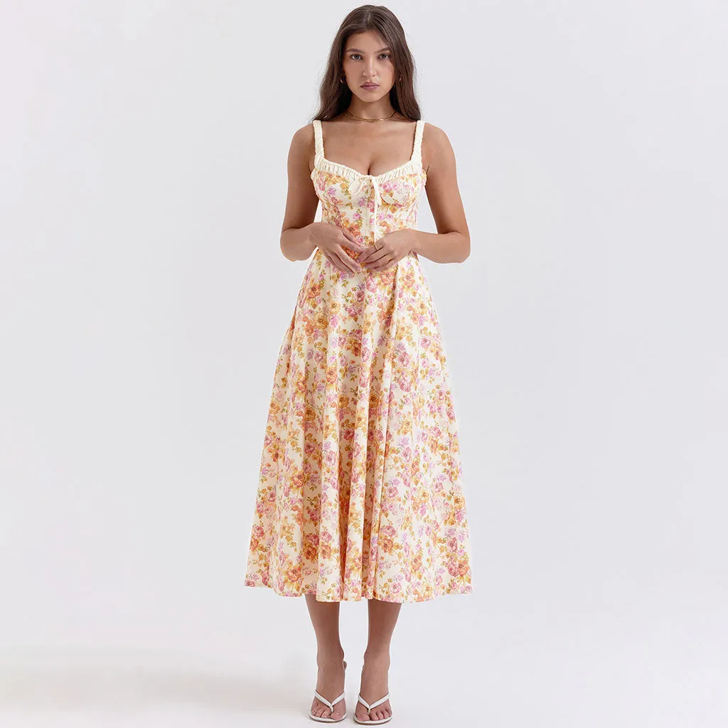 Prairie Printed Tie Neck Bustier Ruched Strap Fit and Flare Split Midi Floral SunDress