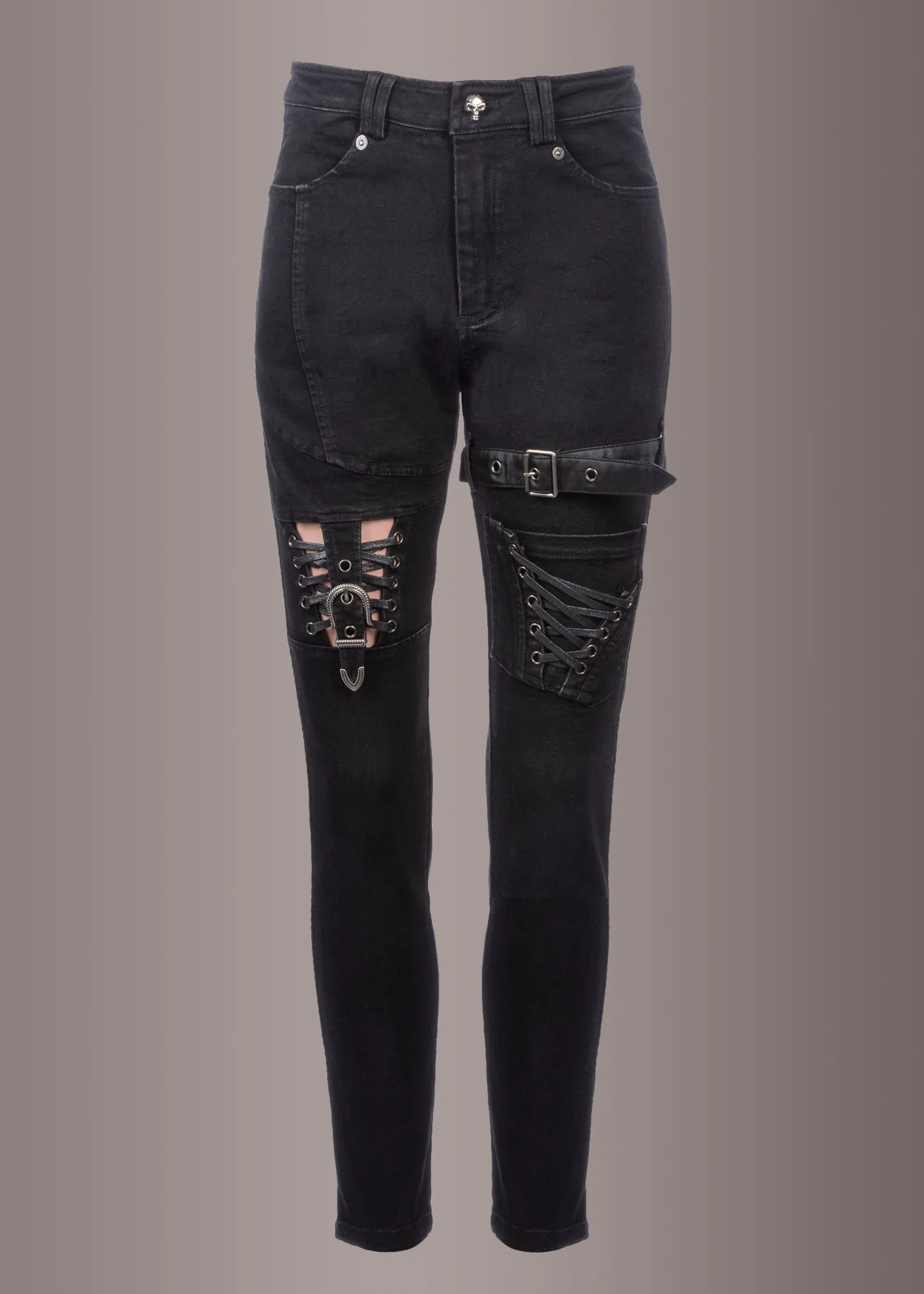 Punk Rave Black Denim Lace Up Jeans with Buckles