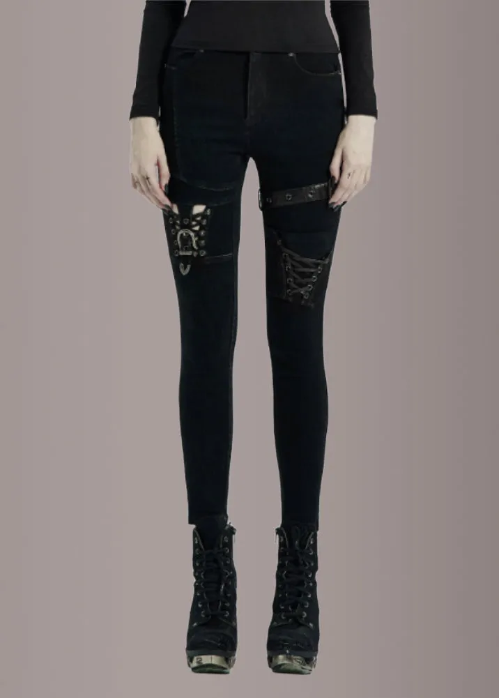 Punk Rave Black Denim Lace Up Jeans with Buckles