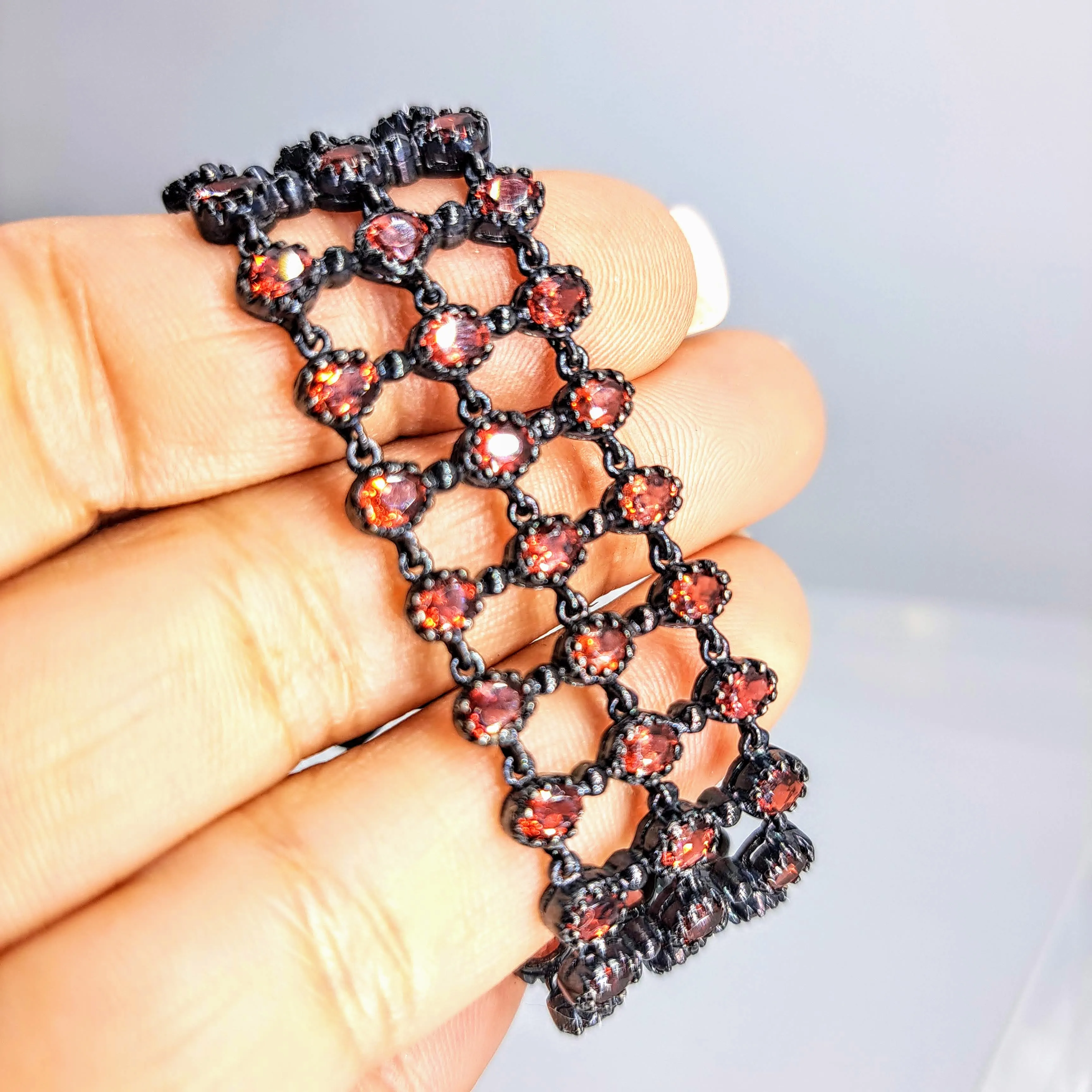 "Black Lace" 6.5" Bracelet - Garnet, Black Sterling