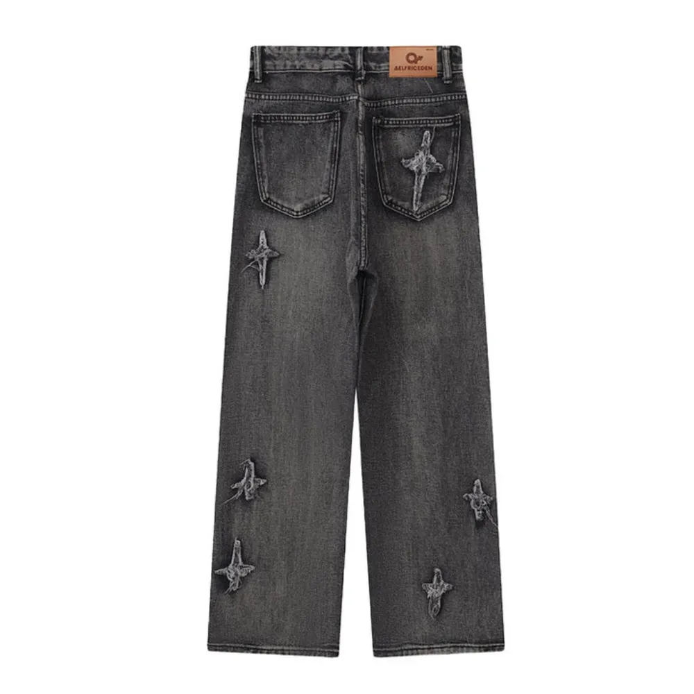 "High Street Stars Embroidery Distressed" Jeans