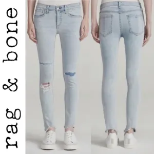 Rag &amp; Bone Ankle Skinny Jeans in Lynn Holes 28 Chewed Hem Patchwork Light Wash