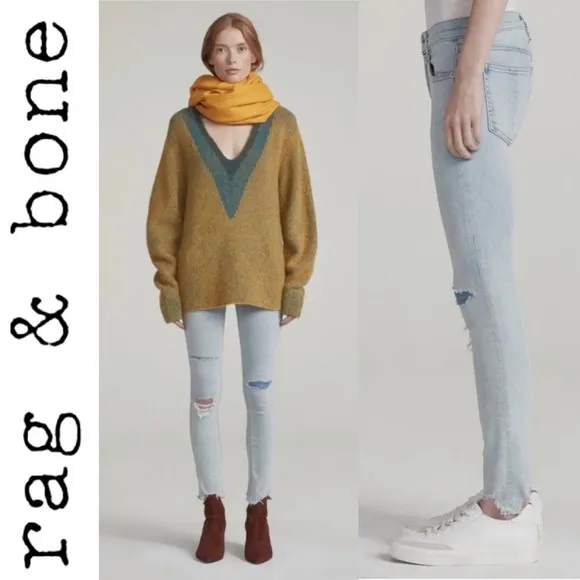 Rag &amp; Bone Ankle Skinny Jeans in Lynn Holes 28 Chewed Hem Patchwork Light Wash
