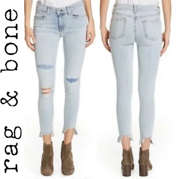 Rag &amp; Bone Ankle Skinny Jeans in Lynn Holes 28 Chewed Hem Patchwork Light Wash