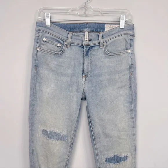 Rag &amp; Bone Ankle Skinny Jeans in Lynn Holes 28 Chewed Hem Patchwork Light Wash