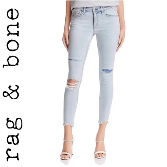 Rag &amp; Bone Ankle Skinny Jeans in Lynn Holes 28 Chewed Hem Patchwork Light Wash