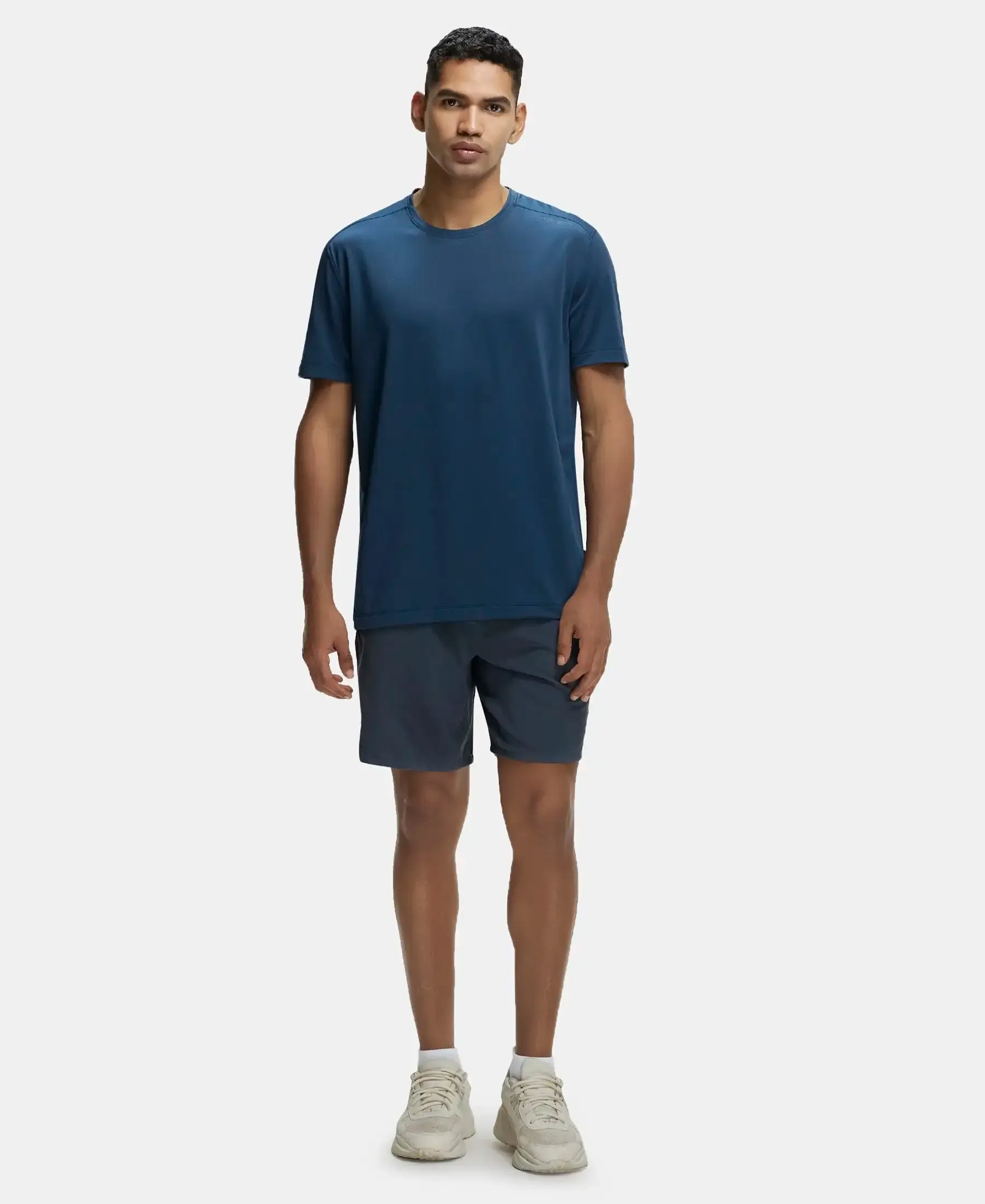 Recycled Microfiber Elastane Stretch Fabric Round Neck Half Sleeve Breathable Mesh T-Shirt - Mid Night Navy