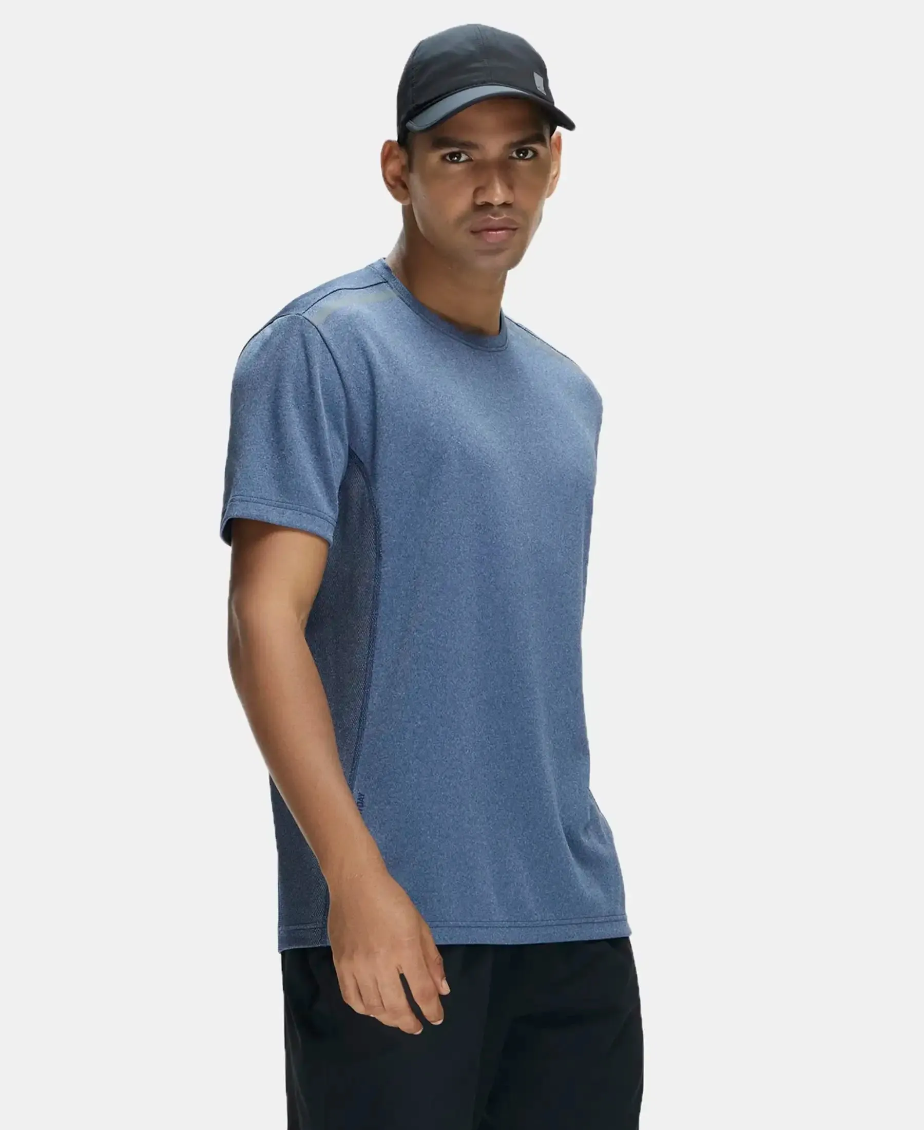 Recycled Microfiber Elastane Stretch Half Sleeve Round Neck T-Shirt with Breathable Mesh - Navy