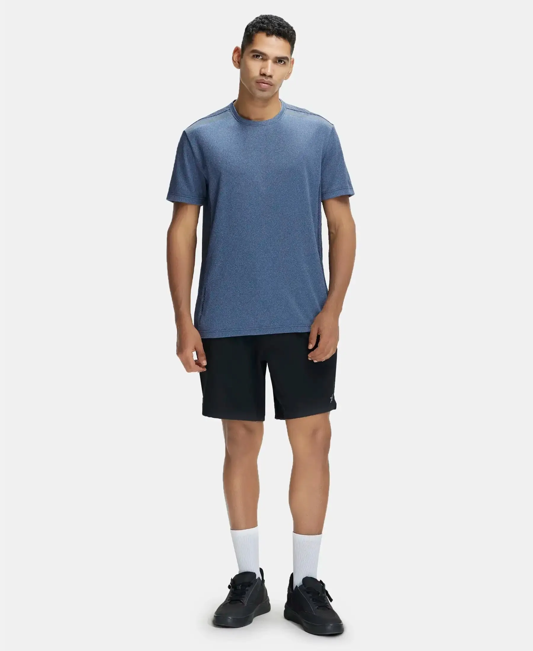 Recycled Microfiber Elastane Stretch Half Sleeve Round Neck T-Shirt with Breathable Mesh - Navy