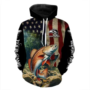 Red drum fishing American Flag Custom Name Patriotic Fishing Hoodie Gift For Fisherman NQS501