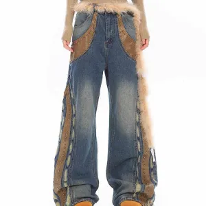 Retro Deconstructed Leather Patchwork Jeans