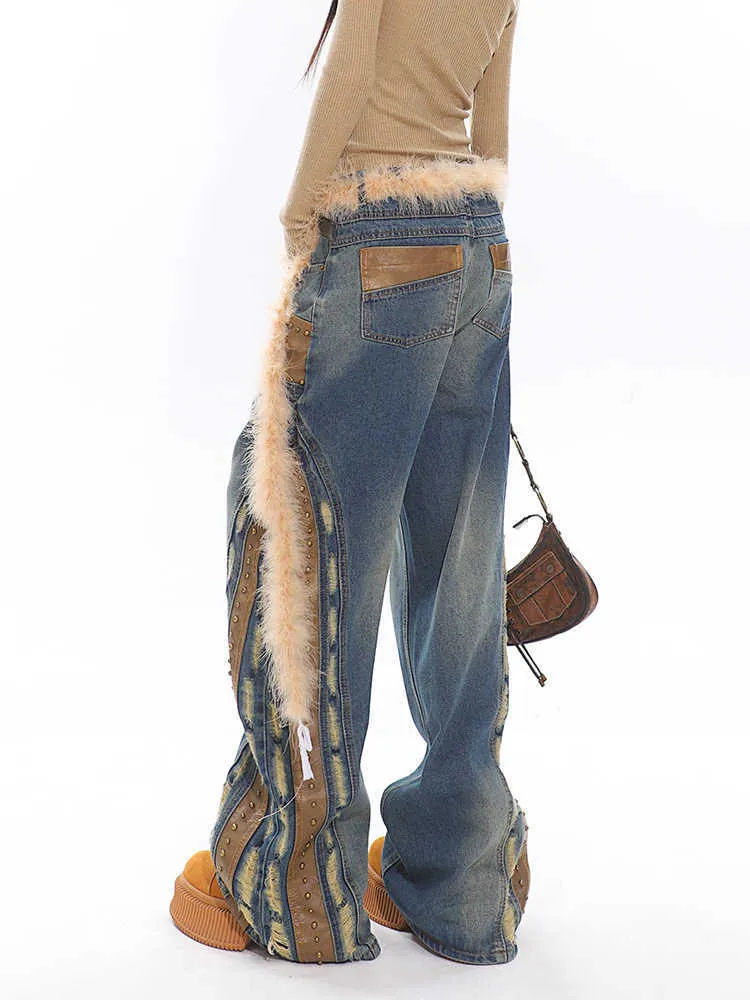 Retro Deconstructed Leather Patchwork Jeans