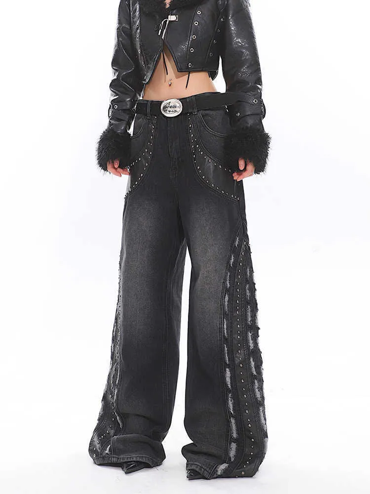 Retro Deconstructed Leather Patchwork Jeans