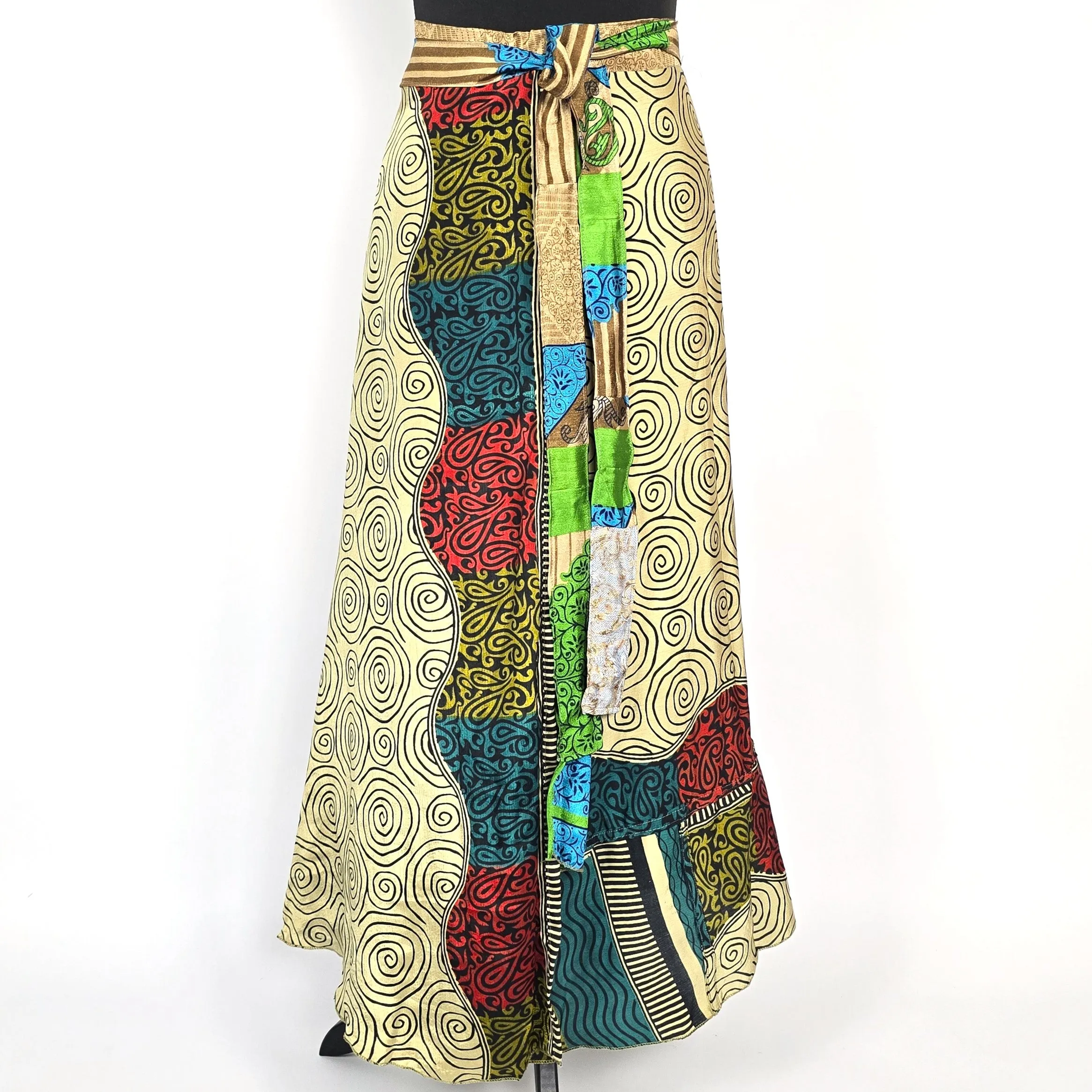 Reversable flattering Indian gypsy wrap skirt, made from vintage silk-mix saree fabrics with Oriental & floral print #18