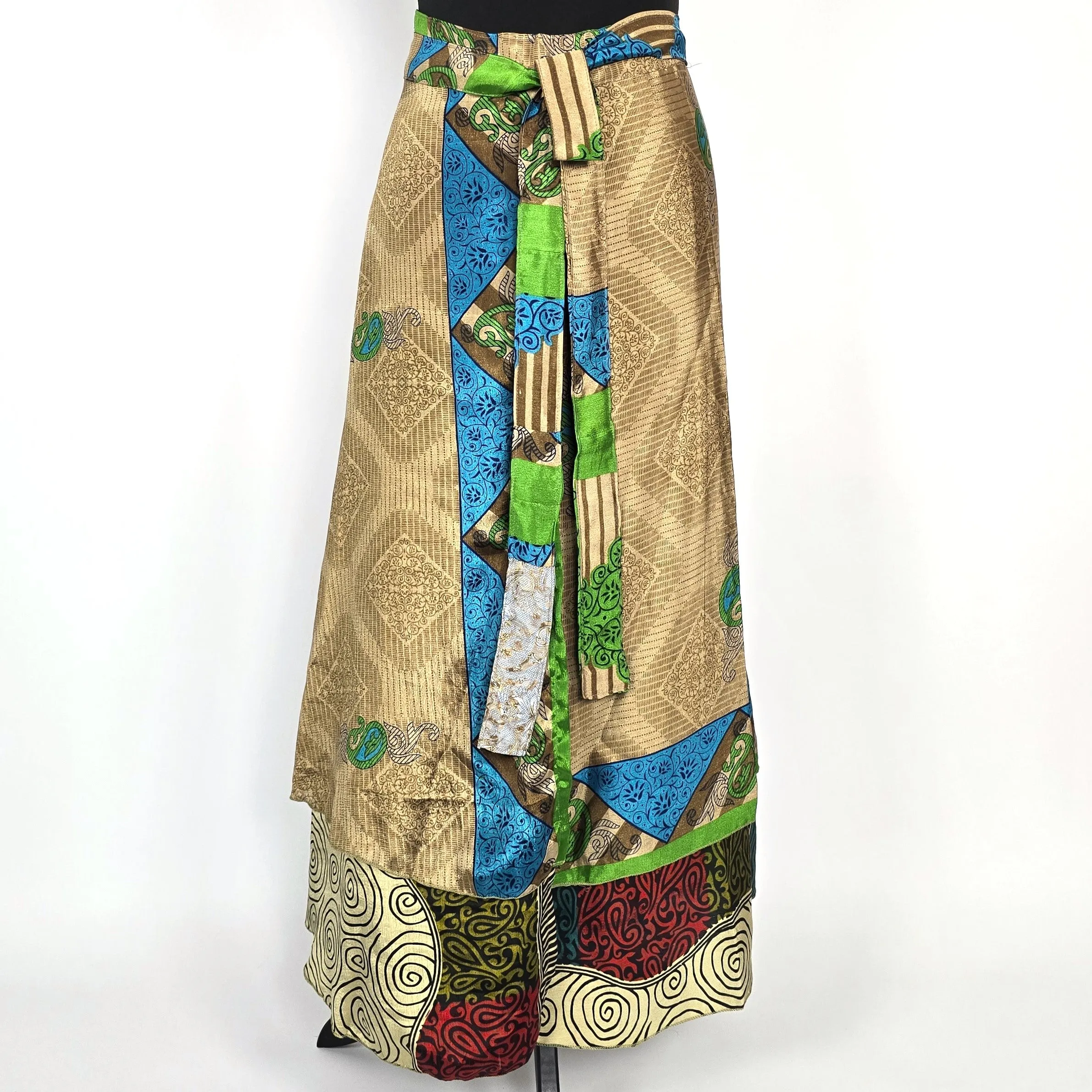 Reversable flattering Indian gypsy wrap skirt, made from vintage silk-mix saree fabrics with Oriental & floral print #18