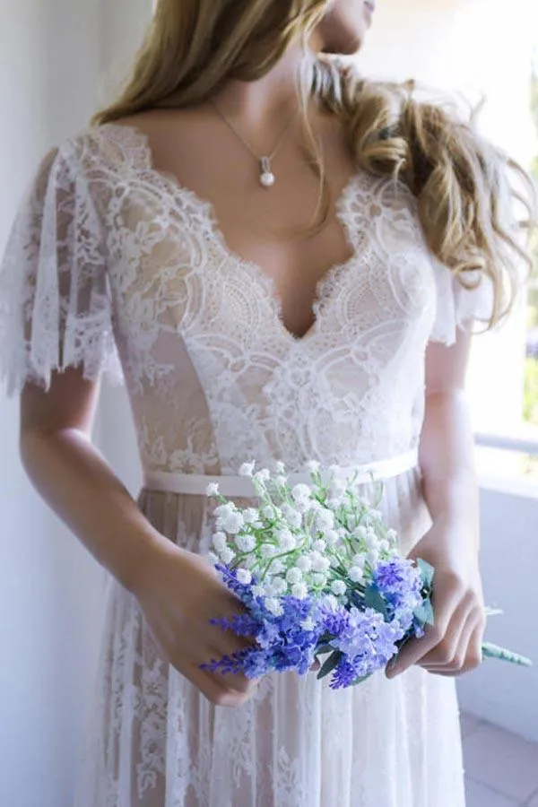 Romantic Cheap White A-line Lace Open Back Long Wedding Dress, SW139