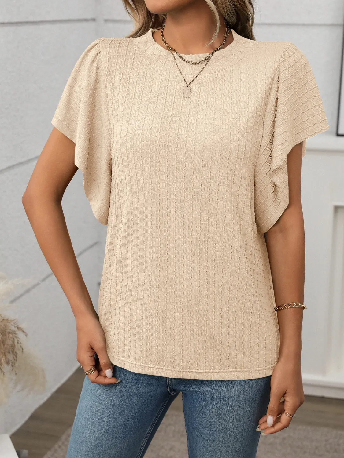 Round Neck Flutter Sleeve T-Shirt