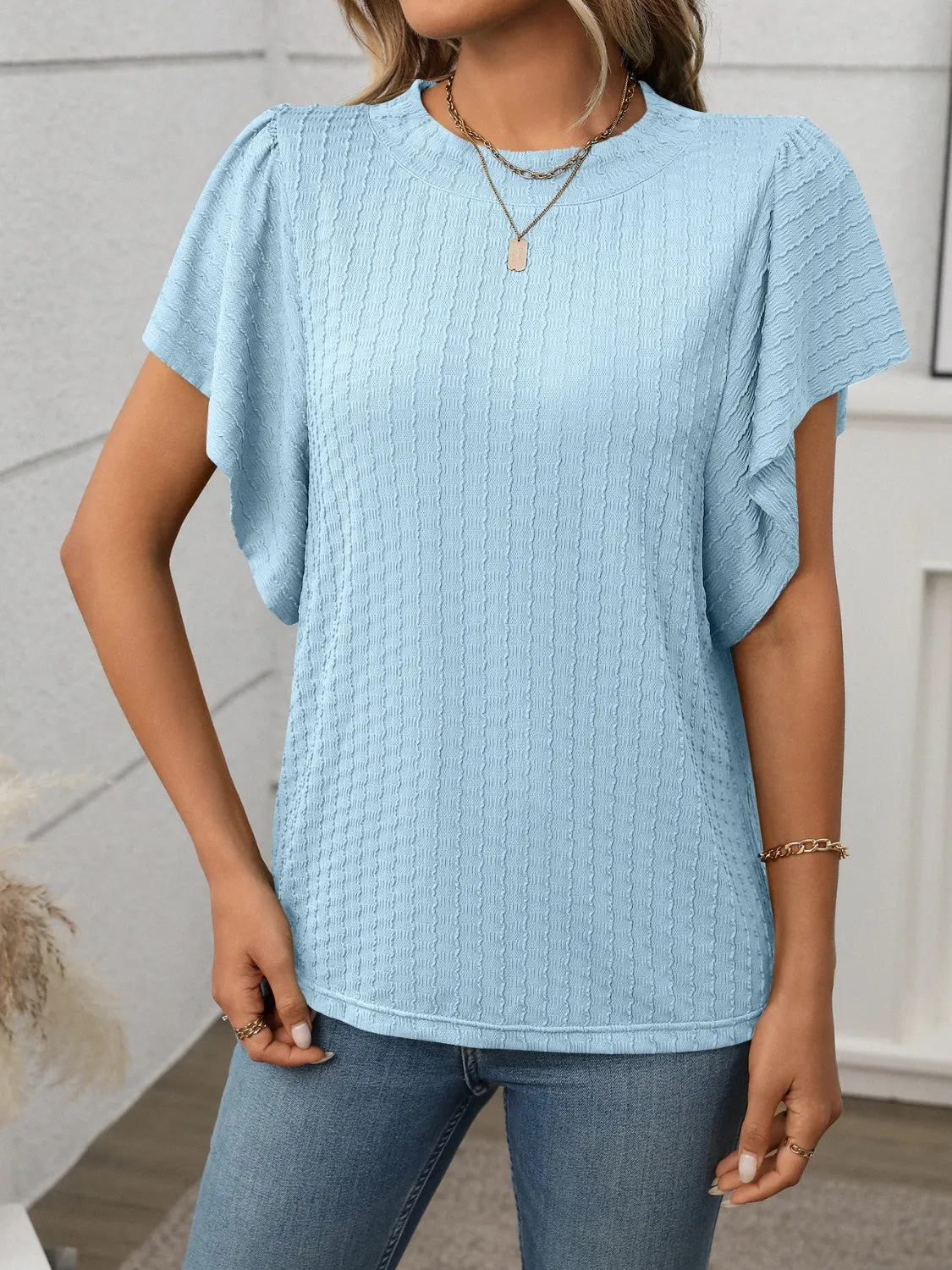 Round Neck Flutter Sleeve T-Shirt
