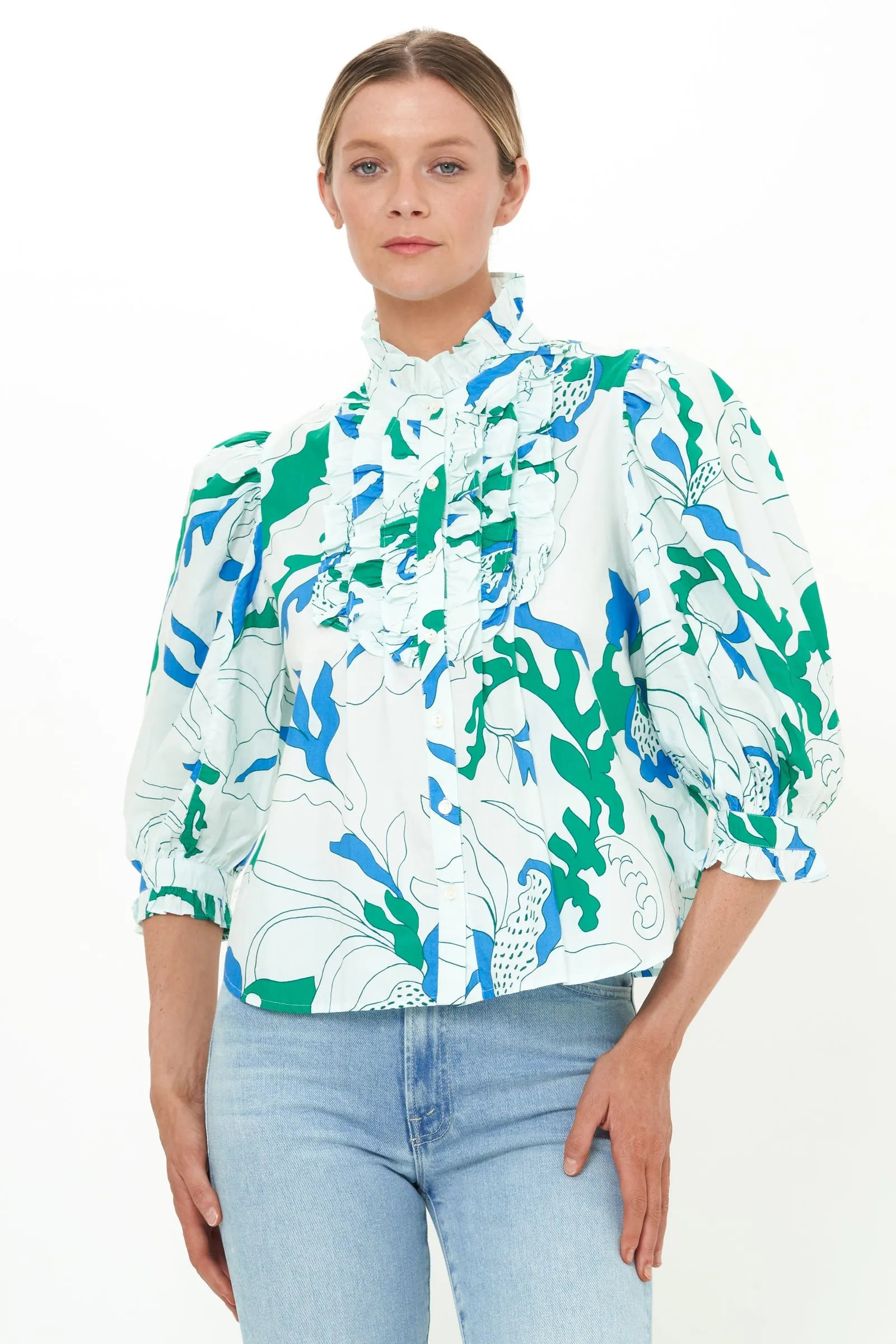 Ruffle Front Blouse in Orchard Green by Oliphant