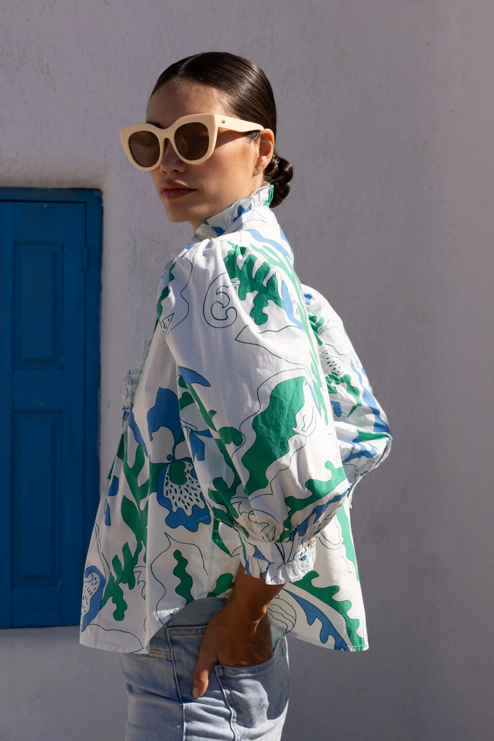 Ruffle Front Blouse in Orchard Green by Oliphant