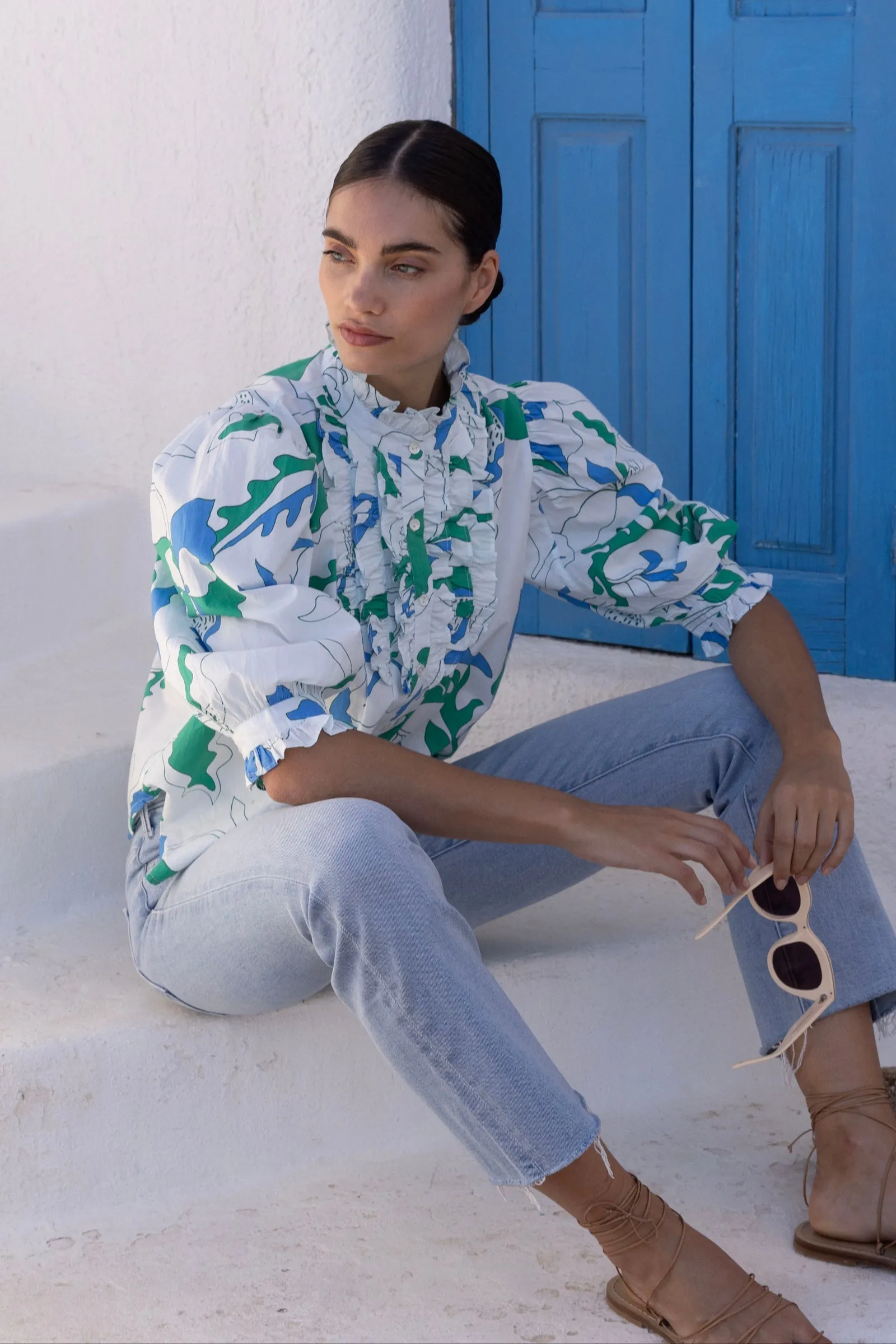 Ruffle Front Blouse in Orchard Green by Oliphant