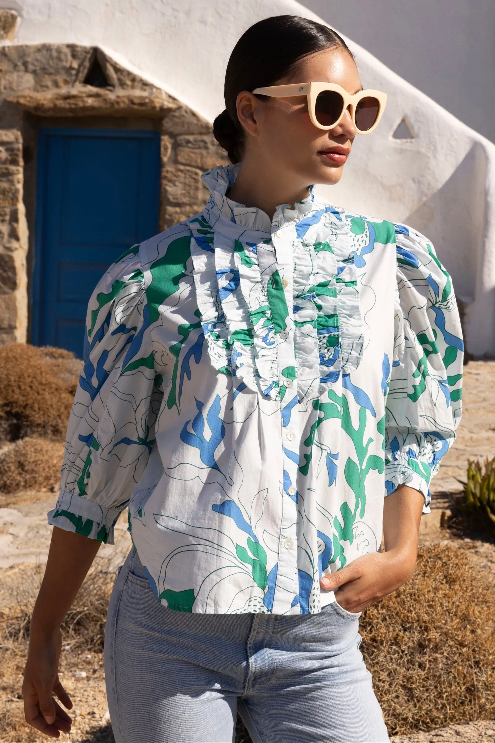 Ruffle Front Blouse in Orchard Green by Oliphant