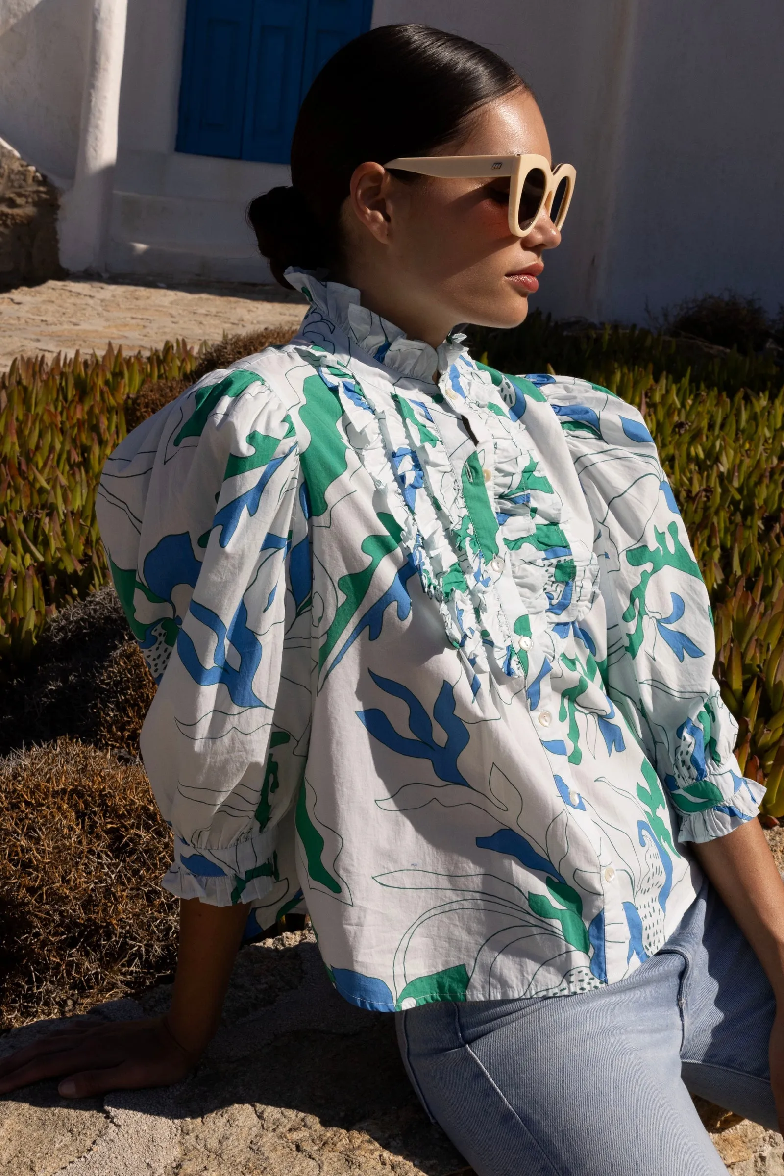 Ruffle Front Blouse in Orchard Green by Oliphant