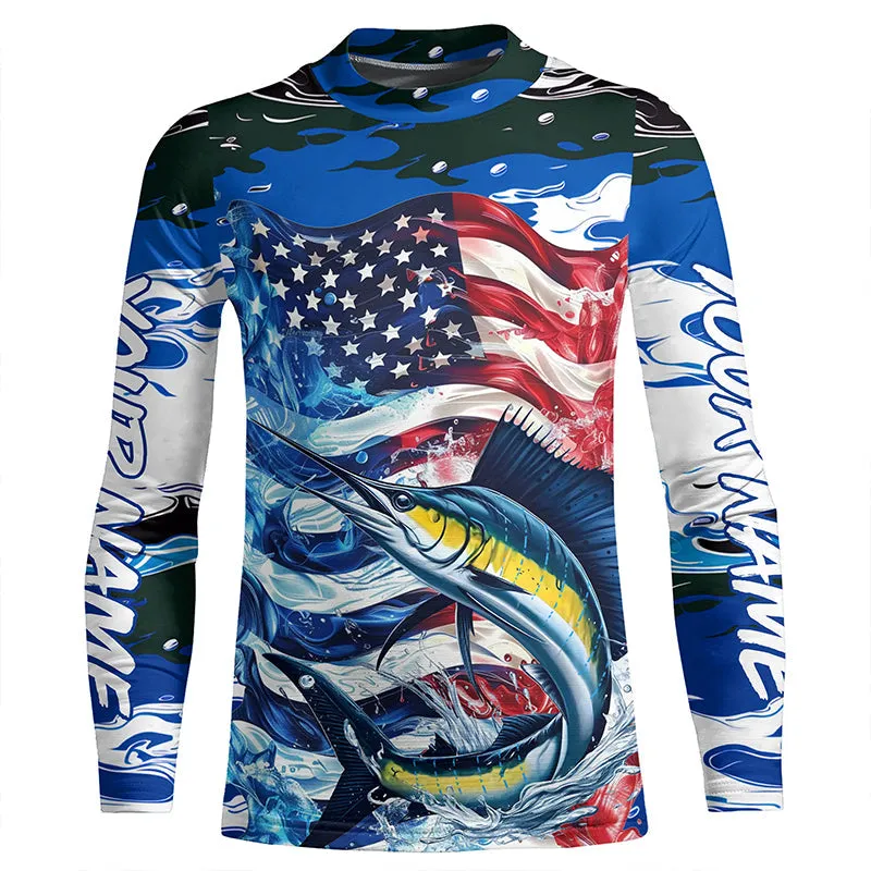 Sailfish Fishing Custom Long Sleeve Fishing Shirts, American Flag Patriotic Sailfish Fishing Shirt IPHW7023