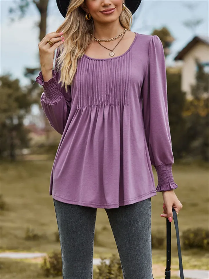 Scoop Neck Pleated Lantern Sleeve Slim Fit Shirt for Women