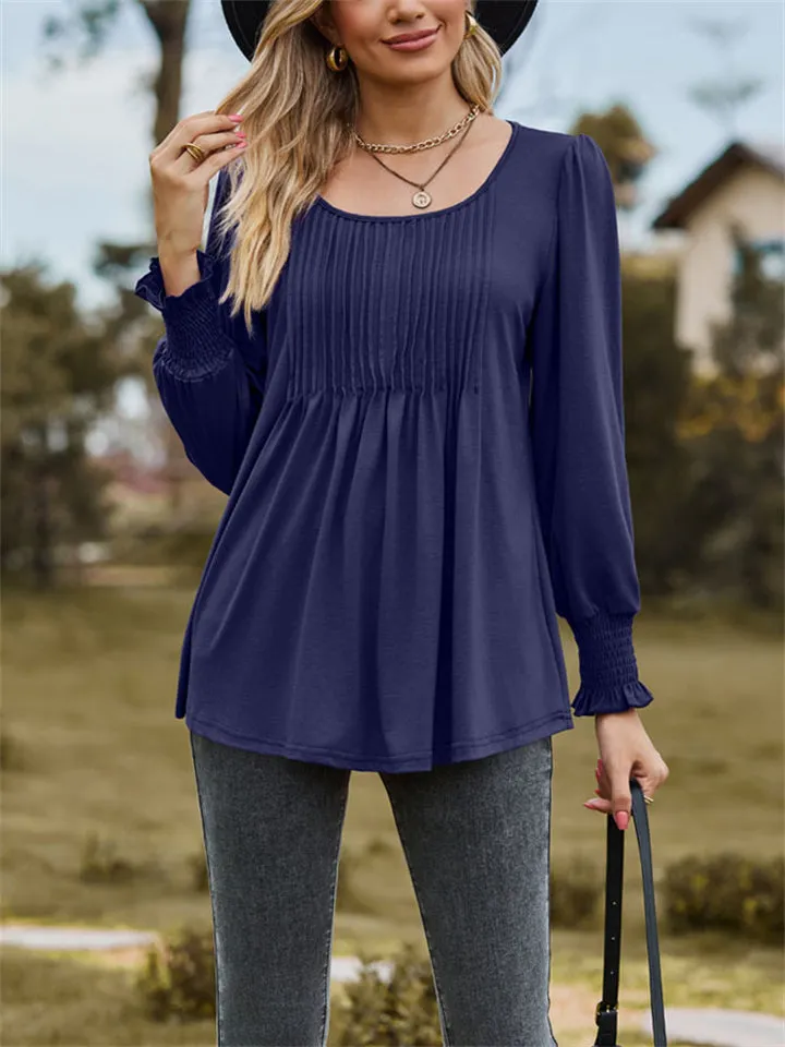 Scoop Neck Pleated Lantern Sleeve Slim Fit Shirt for Women