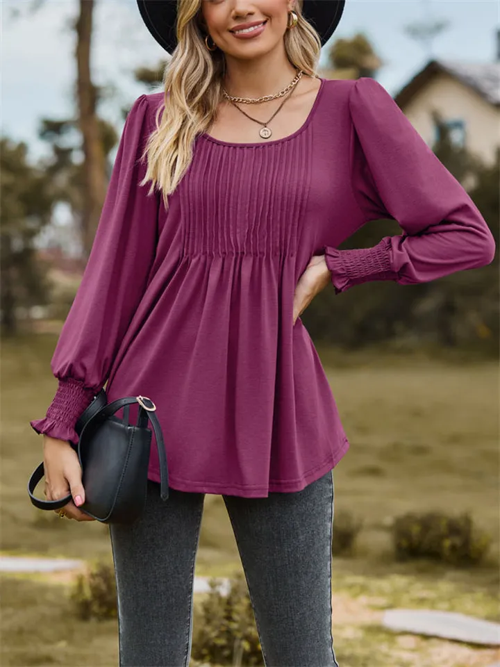 Scoop Neck Pleated Lantern Sleeve Slim Fit Shirt for Women