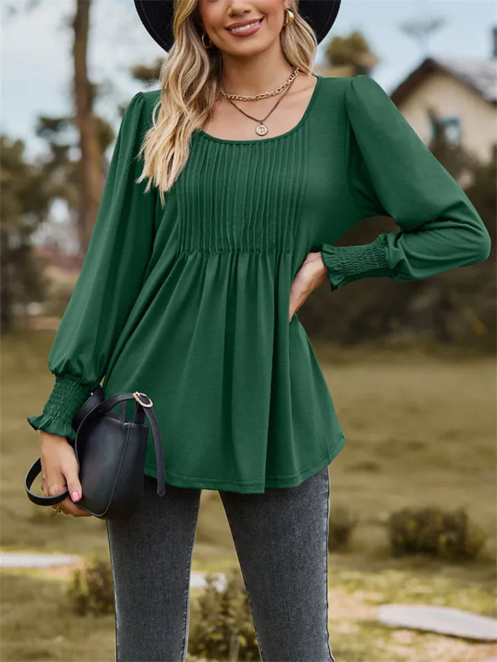 Scoop Neck Pleated Lantern Sleeve Slim Fit Shirt for Women